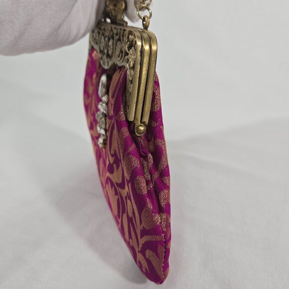 VINTAGE - ANTIQUE Bridgerton Hipster FUCHSIA Embellished Gold Details Clutch Bag - Picture 9 of 17